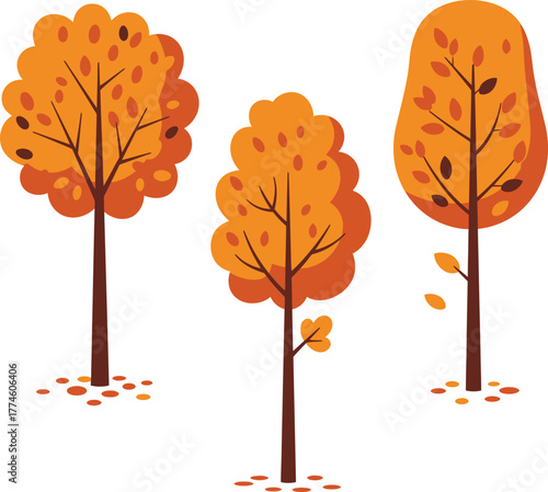 Three stylized cartoon autumn trees with orange foliage and falling leaves on white background