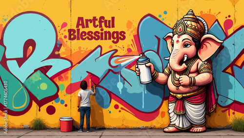 Ganesha painting graffiti on the wall with a man spraying on the wall