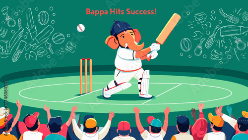 Ganesha playing cricket with bat and ball in stadium with cheering crowd