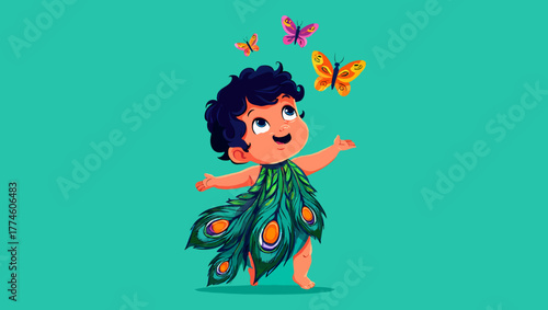 Cute baby boy wearing peacock feather dress playing with butterflies