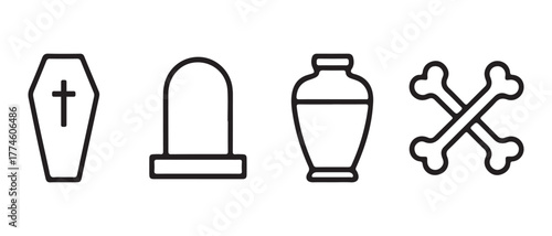 Death and Burial Icon Set. Coffin, Tombstone, Urn, and Crossed Bones Silhouettes.