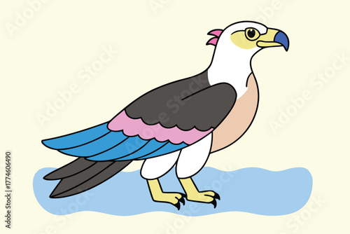 Cartoon illustration of a colorful sea eagle with blue and pink feathers on light background