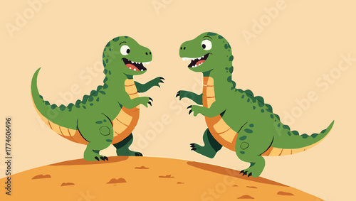 Two happy cartoon dinosaurs are standing on a hill and smiling
