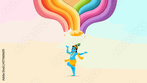 Lord krishna dancing under colorful waterfall, a hindu god cartoon illustration