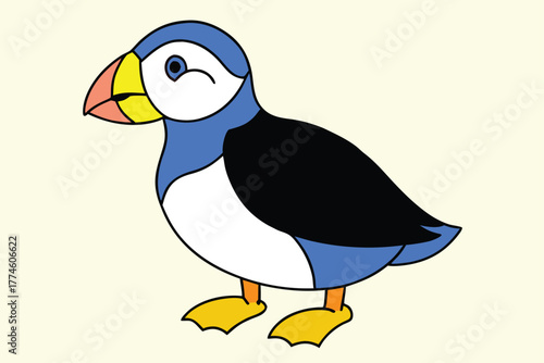 A delightful cartoon puffin stands cheerfully against a soft, creamcolored backdrop