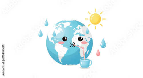 Cartoon globe with a smiling face drinks from a coffee cup under a sunny sky with raindrops.