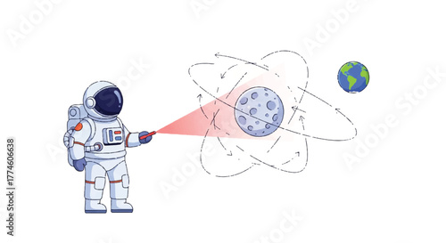Astronaut in a white spacesuit pointing a red laser beam at an atom model with orbiting Earth in a minimalist white background.