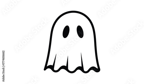 Simple hand drawn cartoon ghost with black eyes on white background