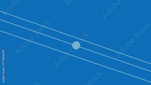 A simple graphic design of three light lines and a circle on a blue background diagonally placed