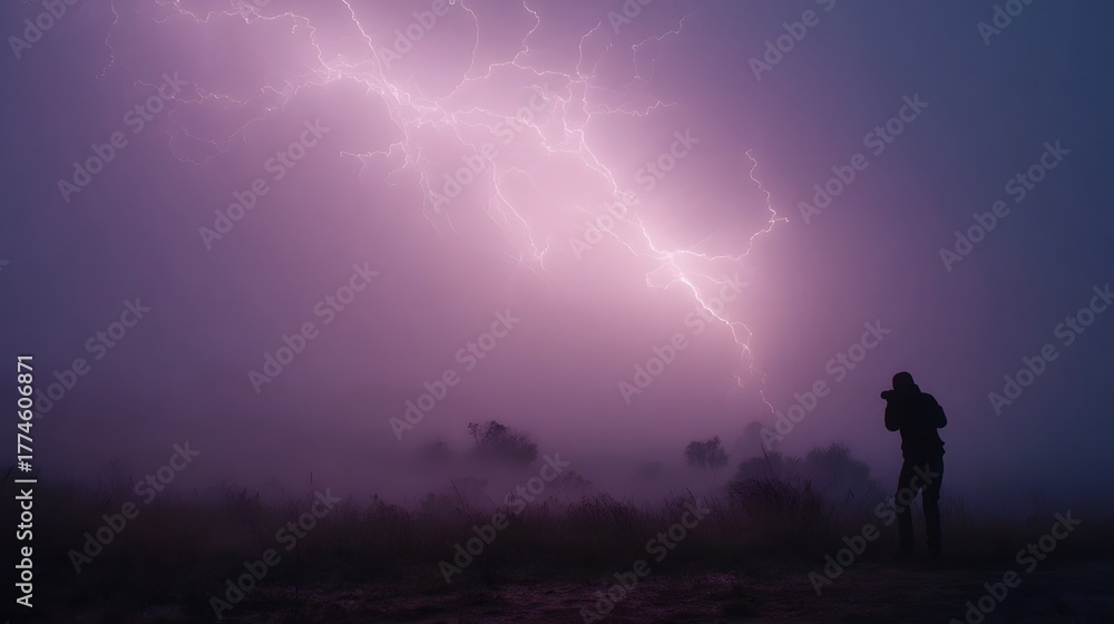 Fototapeta premium A lone photographer captures a dramatic lightning strike illuminating a foggy twilight landscape