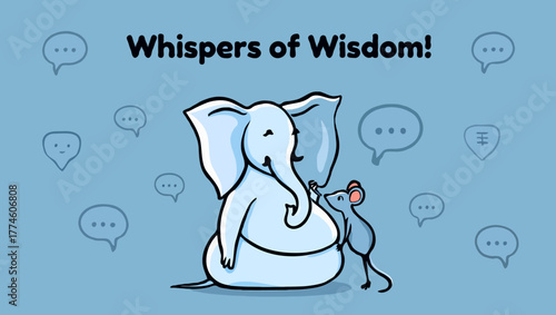 An elephant and a mouse are whispering whispers wisdom to each other