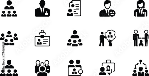 Collection of business and human resources icons representing teamwork, leadership, and management, isolated on white background