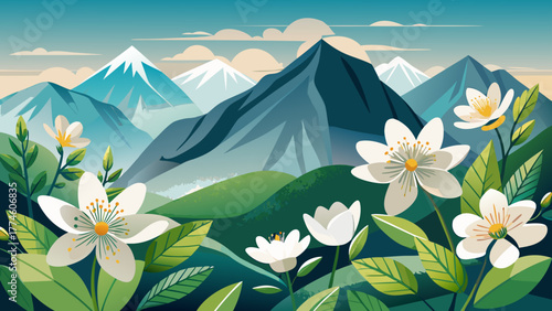 Very beautiful minimalist composition showcasing delicate alpine white blossoms on a pure, soft background, highlighting natural elegance, purity, and serene mountain-inspired simplicity in modern 