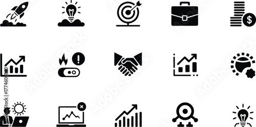 Collection of business and finance icons representing startup, idea, target, briefcase, money, growth, warning, handshake, analytics, and innovation, isolated on white background