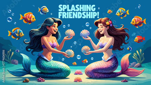 Two mermaids share a moment friendship in a vibrant underwater world