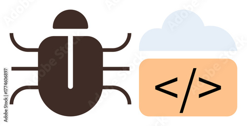 Bug icon beside a code tag in a cloud. Ideal for programming, debugging, software development, cloud computing, code analysis, IT security, and technology education. Simple flat metaphor