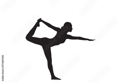 A black silhouette of a woman in a graceful yoga pose, balancing on one leg with the other extended upwards.
