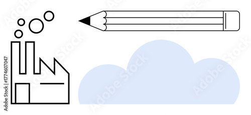 Factory emitting bubbles, pencil symbolizing creativity and writing, and a cloud suggesting digital storage and innovation. Ideal for creativity, sustainability, cloud technology, education