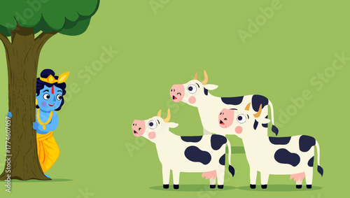 Lord krishna, the hindu god, playing with cows in a rural setting
