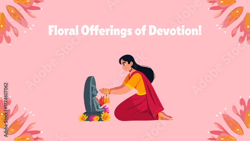 A woman offering floral devotion to a hindu deity in a traditional way