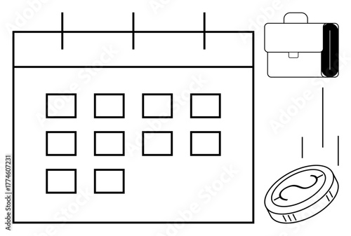 Calendar with marked dates, falling coin, and briefcase emphasize time, money, and work planning. Ideal for scheduling, budgeting, time management, finance business organization productivity