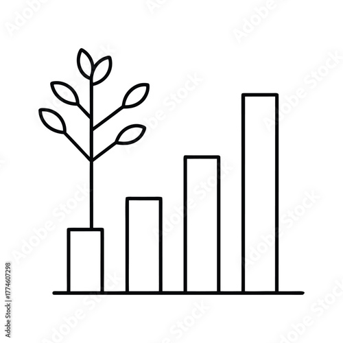 Growth and progress illustrated with a plant alongside rising bar graph segments