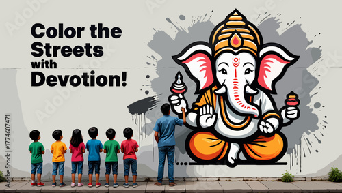 Color the streets with devotion, ganesha painting on wall with children
