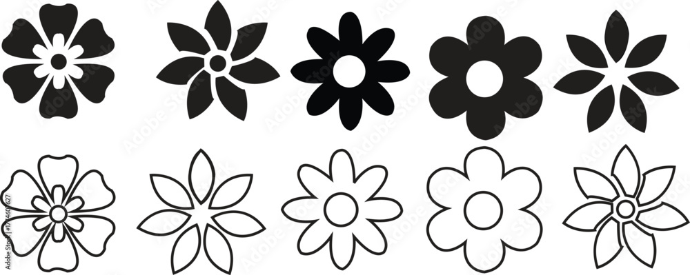 Fototapeta premium flowers icons in black flat and line style .Flowers icon vector set. garden illustration sign collection. Flora symbol or logo. Modern simple flower isolated on transparent background.