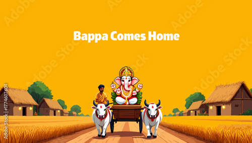 Lord ganesha on a chariot pulled by oxen coming home in a village