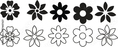 flowers icons in black flat and line style .Flowers icon vector set. garden illustration sign collection. Flora symbol or logo. Modern simple flower isolated on transparent background.