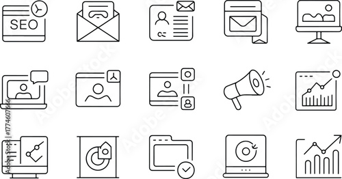 Collection of thin line icons representing business, marketing, and analytics concepts, isolated on white background
