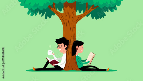Couple reading books under a tree, enjoying nature and relaxing together