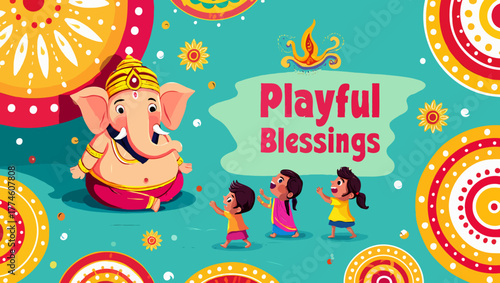 Ganesha blessing children with playful blessings during a festival