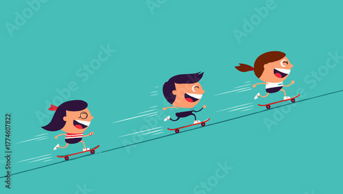 Group happy kids skateboarding together having fun and smiling