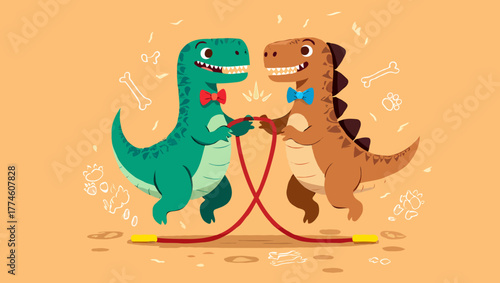 Two cute dinosaurs jumping rope together and having fun playing game