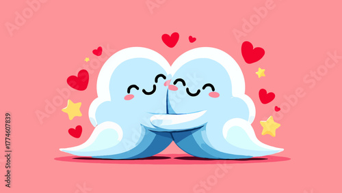 Two cute cartoon clouds hugging surrounded by hearts and stars on pink background