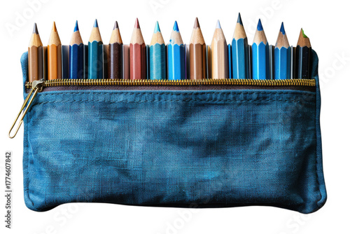 Blue fabric pencil case filled with colored wooden pencils, front view isolated on Transparent Background