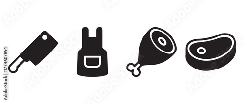 Butchery Icon Set. Meat Cleaver, Apron, Ham Leg, and Steak Silhouettes for Culinary Branding.