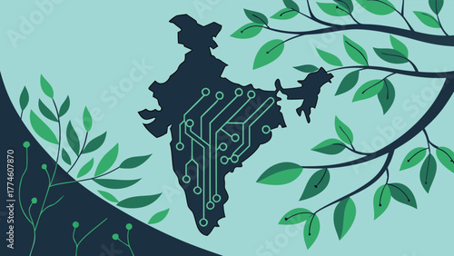 India map silhouette with circuit board pattern, surrounded by lush green leaves, , symbolizing technology and nature