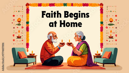 Faith begins at home with elderly couple sharing diya lamps
