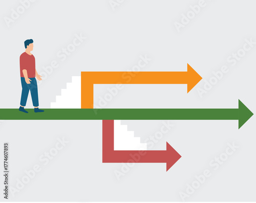 Man Standing Before Multiple Arrows as life and professional opportunities. Career Choice and Direction Concept. Vector illustration
