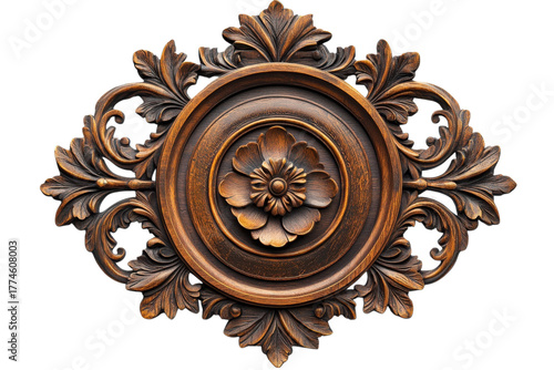 Ornate wooden carving featuring a central flower design with swirling leaf embellishments on transparent background