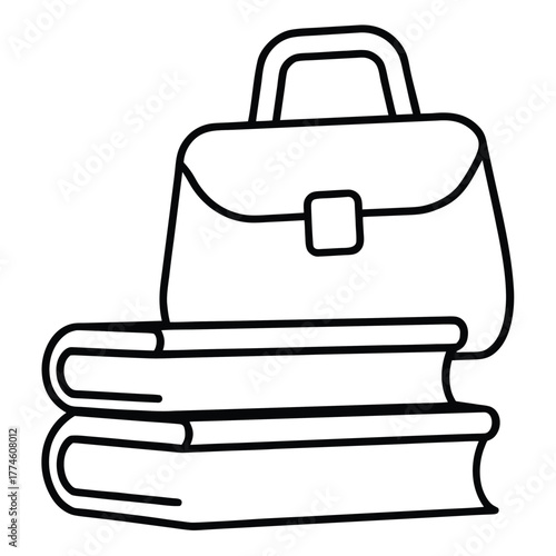 Simple line art illustration of business briefcase atop stack of books isolated