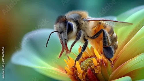 Bee collecting pollen from a flower macro photography