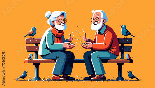Elderly couple feeding birds on a bench, enjoying a peaceful moment together