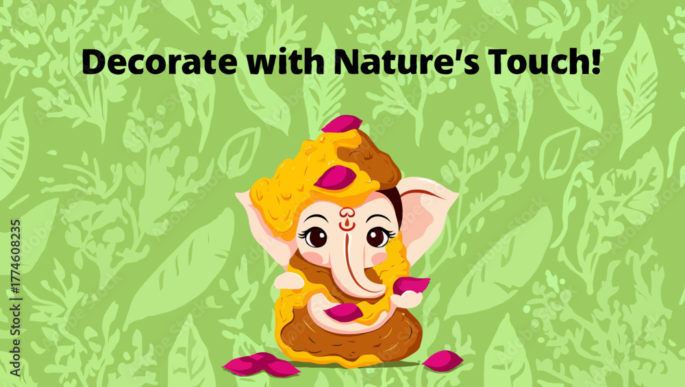 Fototapeta premium Cute ganesha illustration with nature leaves background for decoration