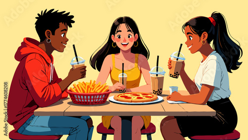 Friends enjoying pizza and fries at a table in a restaurant or cafe
