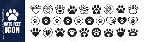 Decorative Cat Paw Print and Heart Icon Set. Vector illustration eps 10