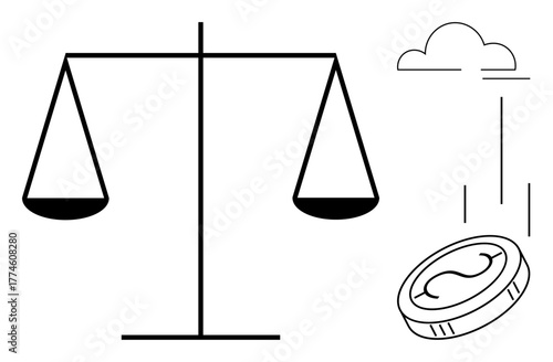 Balance scale and falling coin symbolize fairness, judgment, financial decisions, weighing options, risk, chance, and equality. Ideal for trade economy law justice ethics uncertainty. Simple