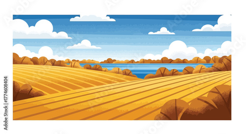 Autumnal Landscape Golden Field, Lake, and Blue Sky, A Serene Fall Season Scene